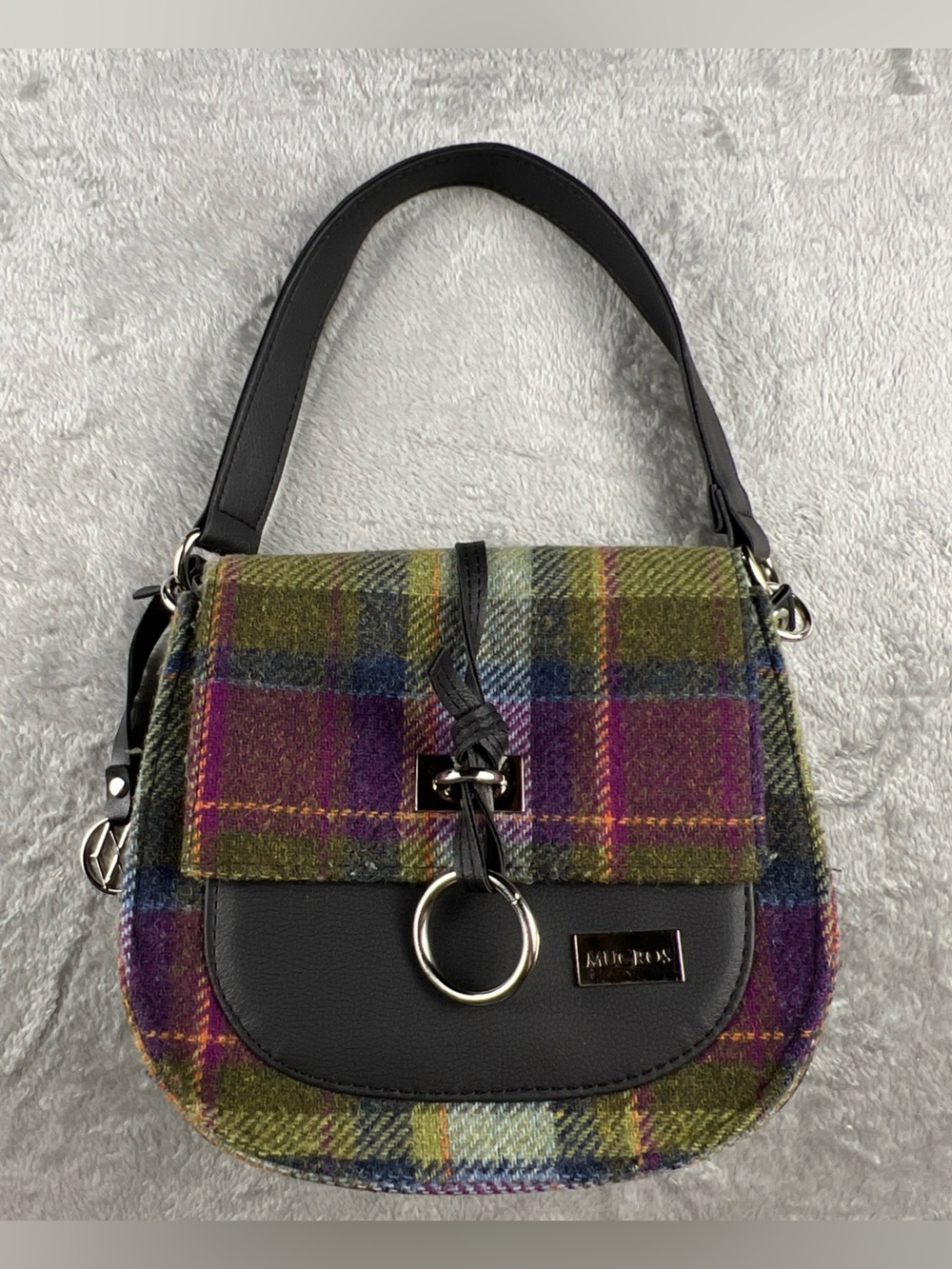 Mucros Weavers Grace Shoulder Bag Green Pink 100% Irish Wool Tweed Purse Plaid